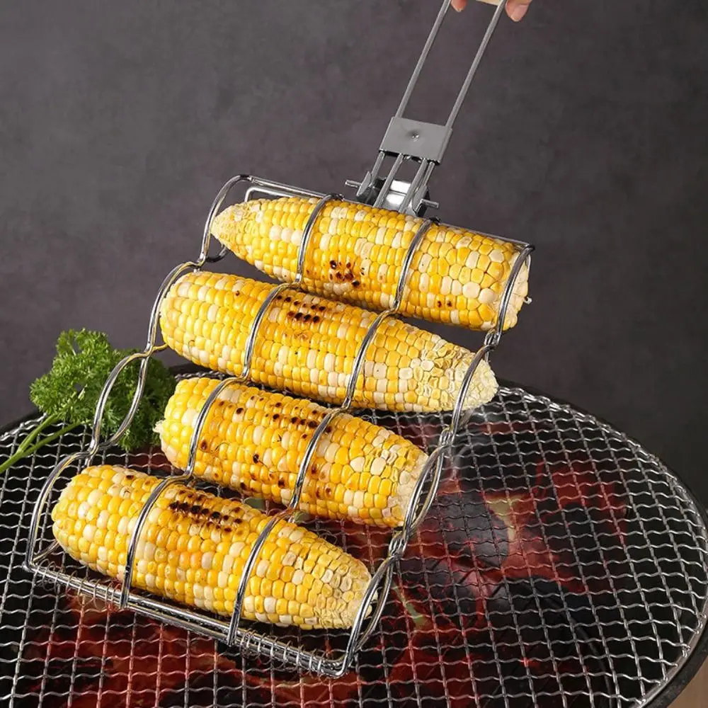 Creativity Stainless Steel Corn Grilling Basket Folding with Wood Handle BBQ Grill Grilling Outdoor Camping Cooking Grill Tool