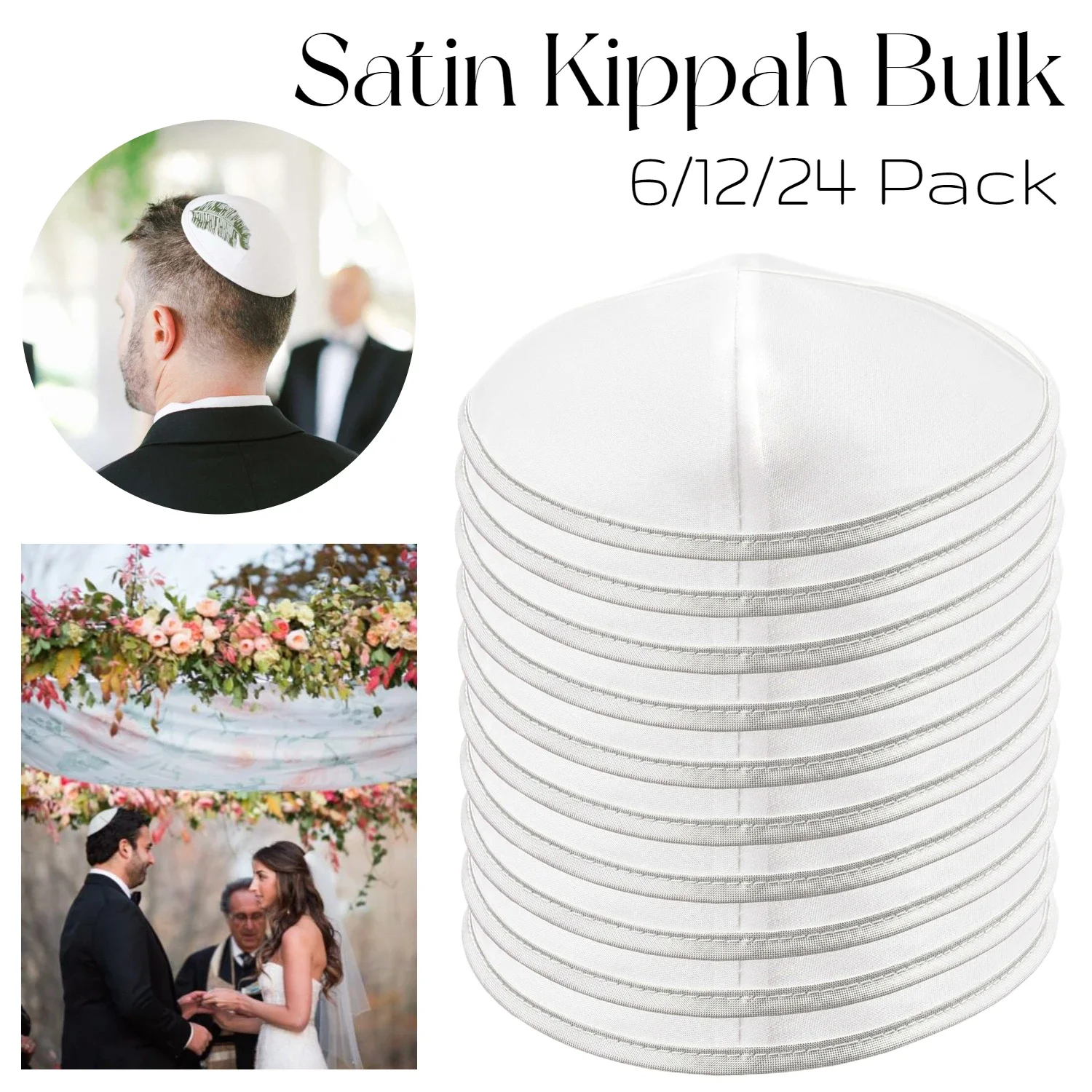 

6/12/24Pcs Satin Kippah Jewish Kippot Bulk White Yarmulke with Silver Edge Shabbat Wedding Favors for Groomsman (15CM 5.9INCH)