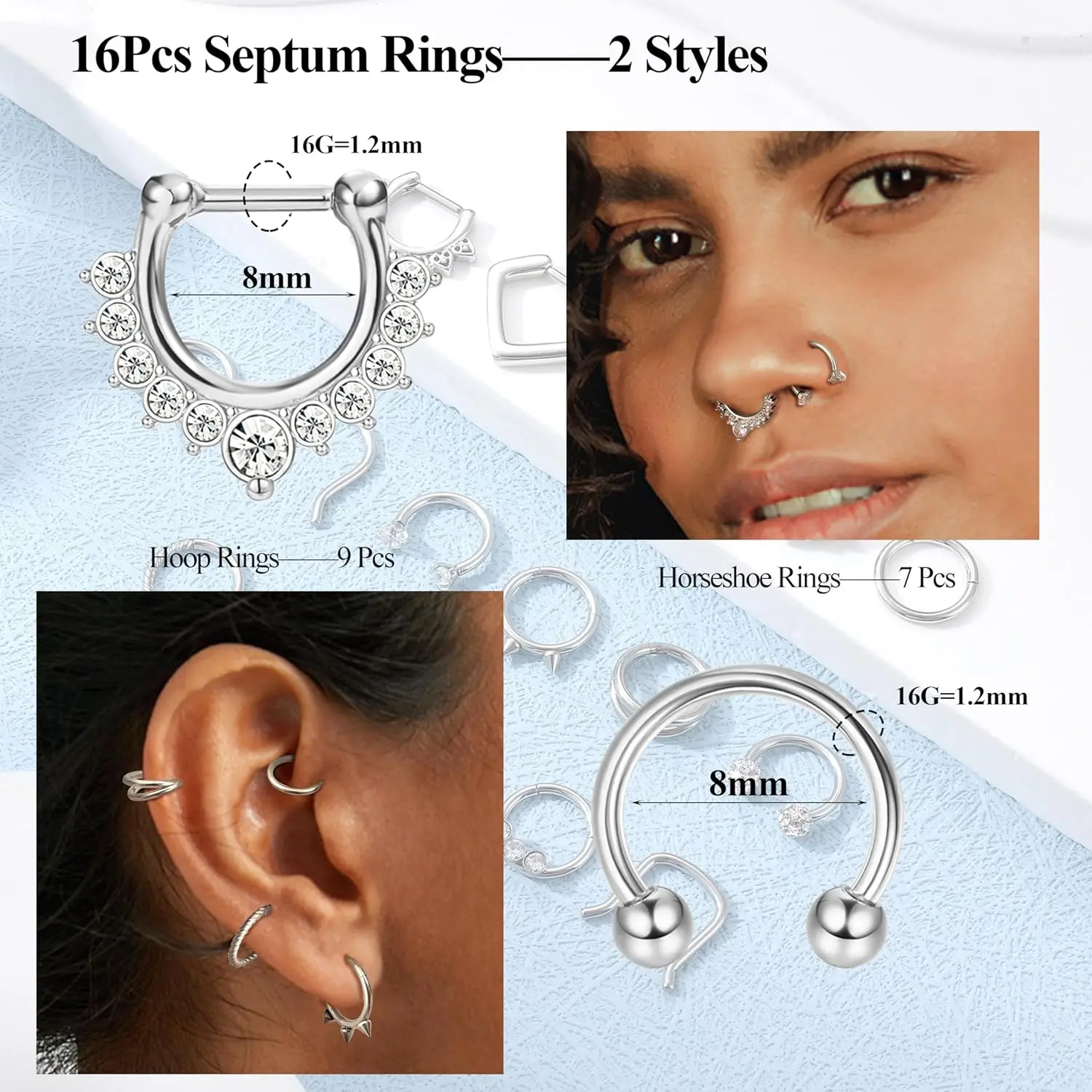 Florideco Hypoallergenic Septum Ring Surgical Steel Clicker Nose Rings Hoop Set Small Lip Cartilage Helix Daith Piercing Jewelry