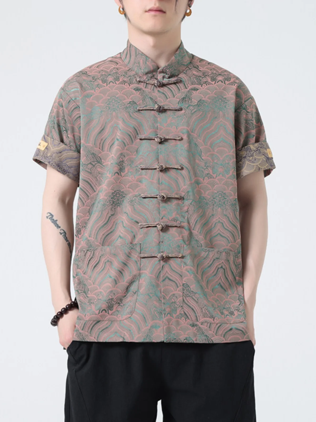 

Мужская рубашка с коротким рукавом, новинка 2025 года, летняя, в китайском стиле, вдохновленная танским костюмом, из тонкого ледяного шелка, молодежная, модная, на пуговицах, повседневная