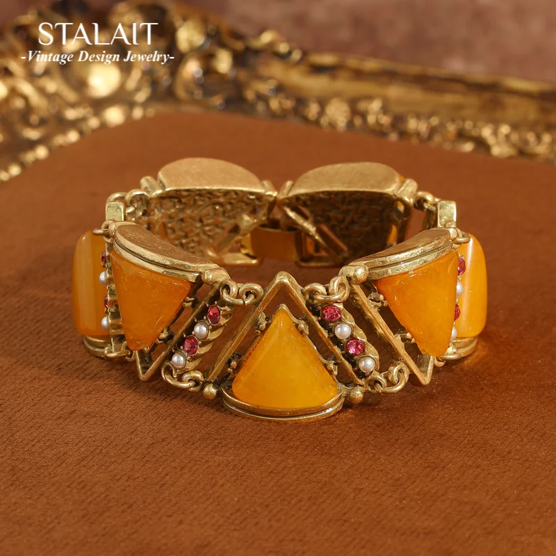 

Vintage Honeywax Yellow Stone Bangles Bracelets With Designer Charms Chunky Triangle Geometric Antique Gold Color For Women New