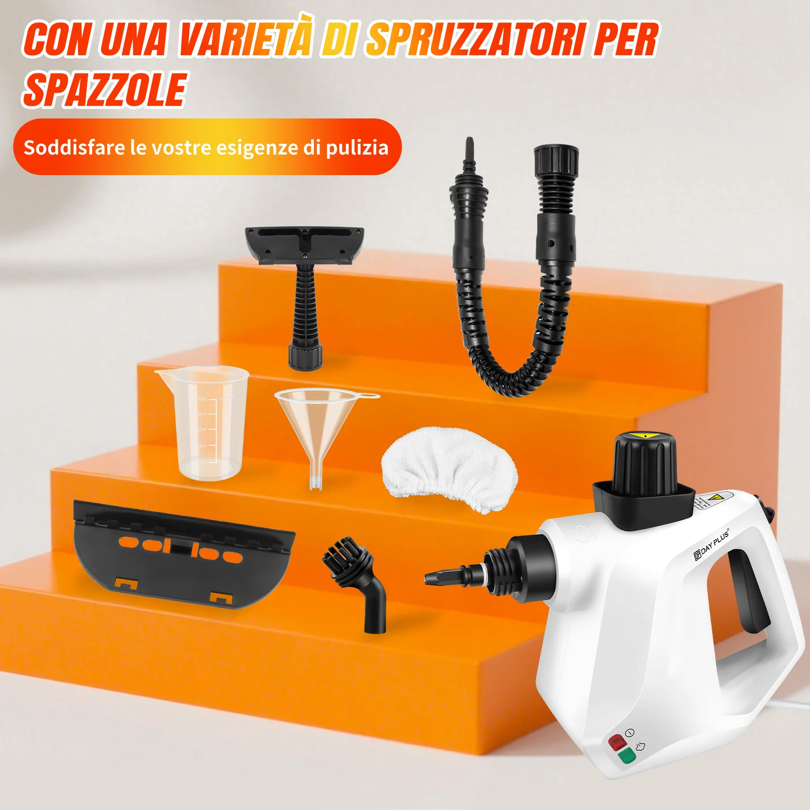 Pulitore a vapore ad alta pressione da 1500W 140 ° C, vaporizzatore portatile con set di 9 accessori e cavo da 2,5 m – impermeabile IPX4, ideale per auto, casa, cucina, piastrelle e divani.