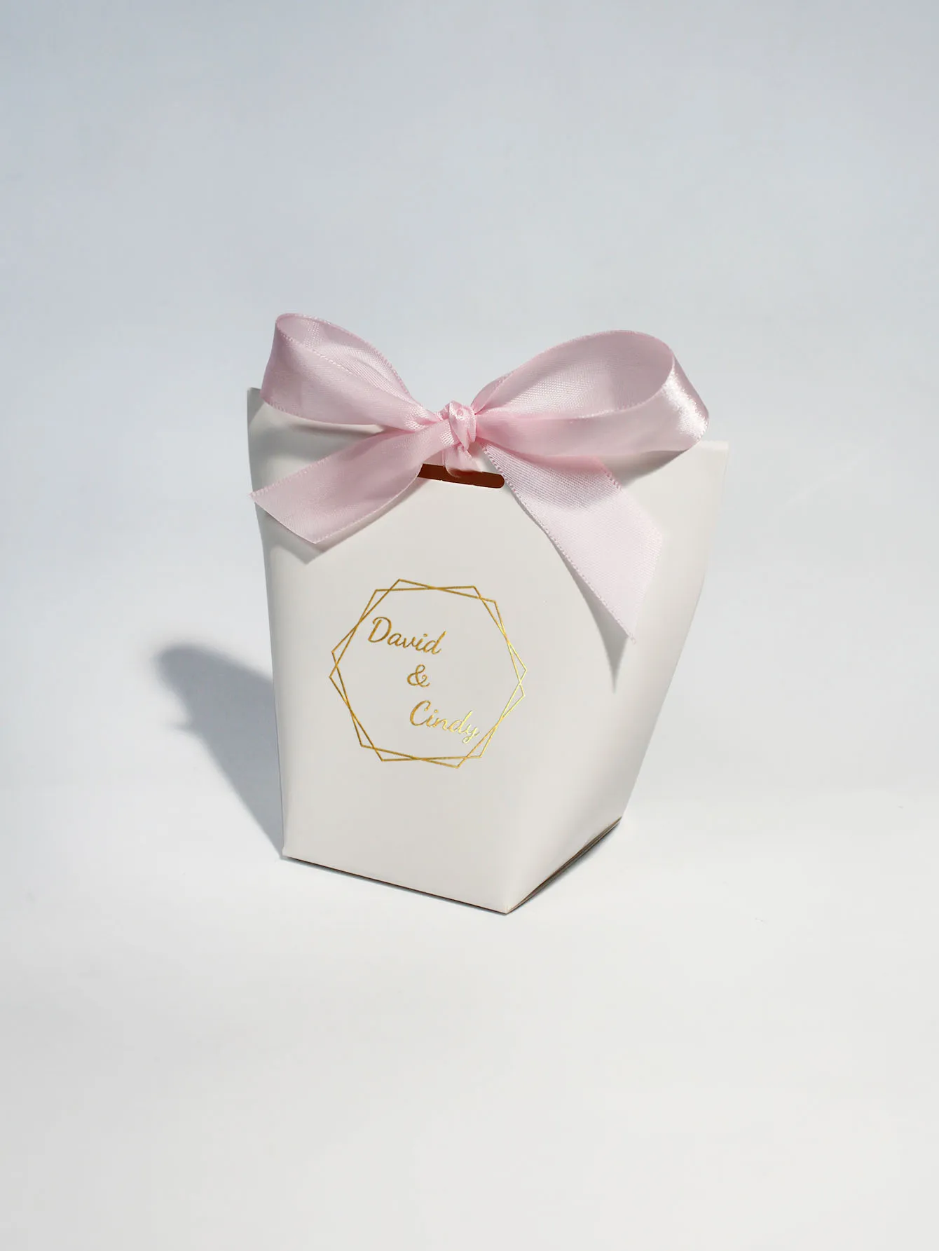 Personalized Mini Gift Boxes with Gold white pink Ribbon, \'David & Cindy\' Custom Name Option, Perfect for Wedding Favors