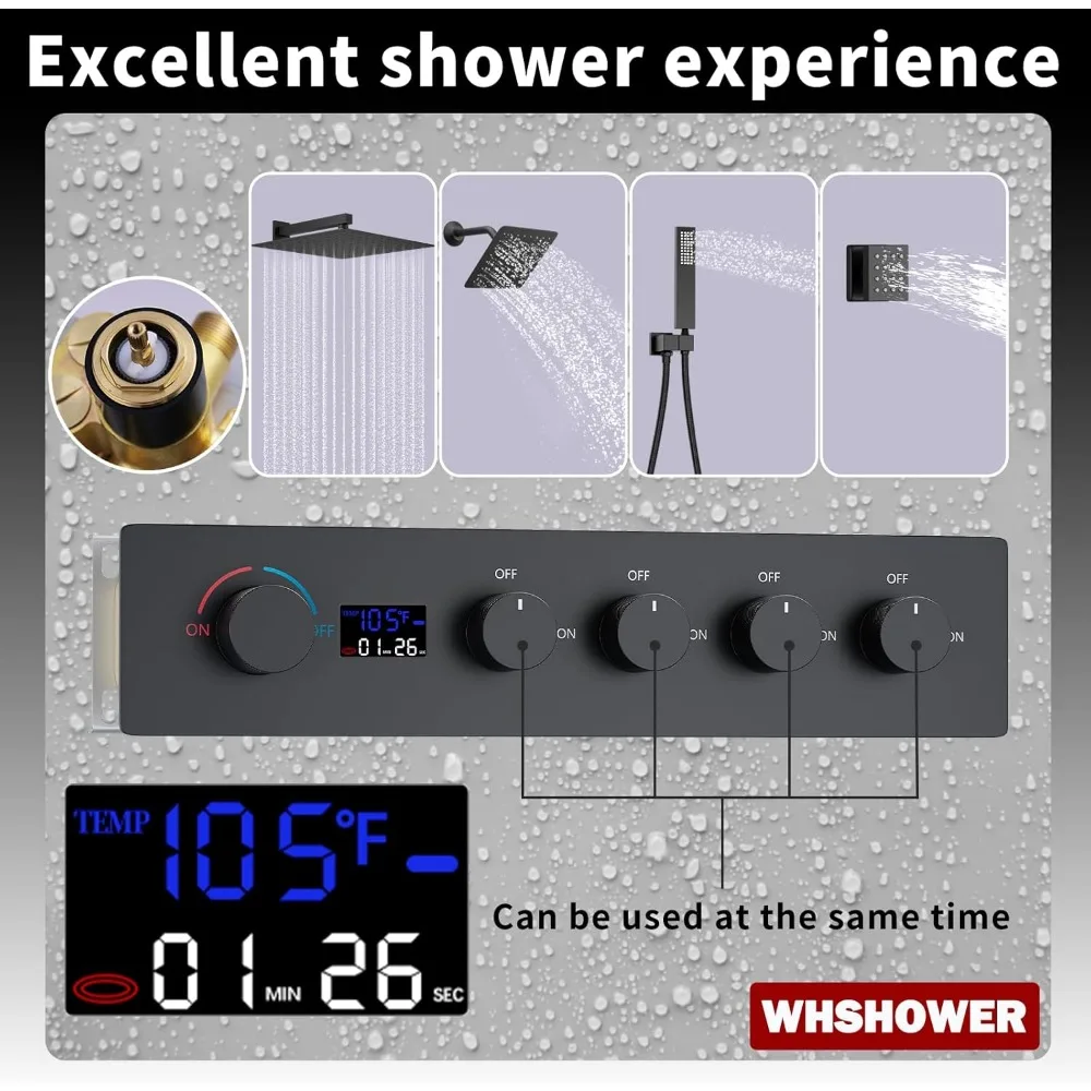 نظام دش مطري أسود غير لامع لكامل الجسم مع شاشة رقمية، و12 ورؤوس مزدوجة و8 رؤوس، ونفاثات الجسم، ودش يدوي #5