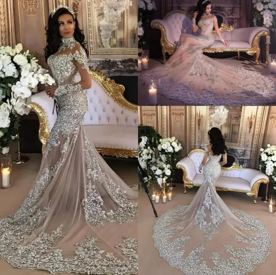 Abito da sposa a sirena personalizzato Perline scintillanti trasparenti sexy Applique in pizzo Collo alto Illusione Manica lunga Champagne Tromba da sposa Go
