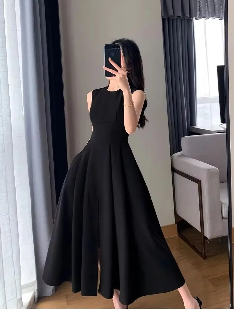 2025 Summer High Waist Maternity Black Dress Sleeveless Elegant Pregnant Woman Party Dress Split Pregnancy Holiday Beach Dresses