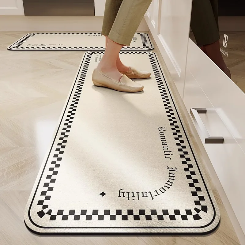 2PC Fashion Black White Checkerboard Letter Kitchen Mat Non Slip Oil Proof Runner Rug Modern Minimalist Entryway Decor
