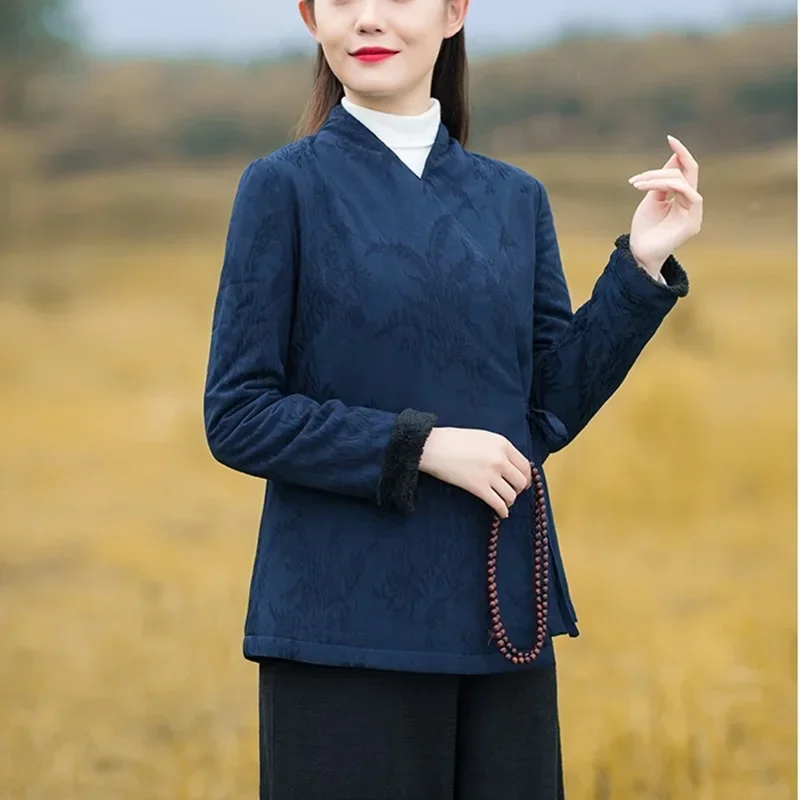 النمط الصيني ملابس النساء النساء معاطف الشتاء 2024 الخريف Hanfu القطن الكتان تانغ دعوى الصينية شيونغسام 12031