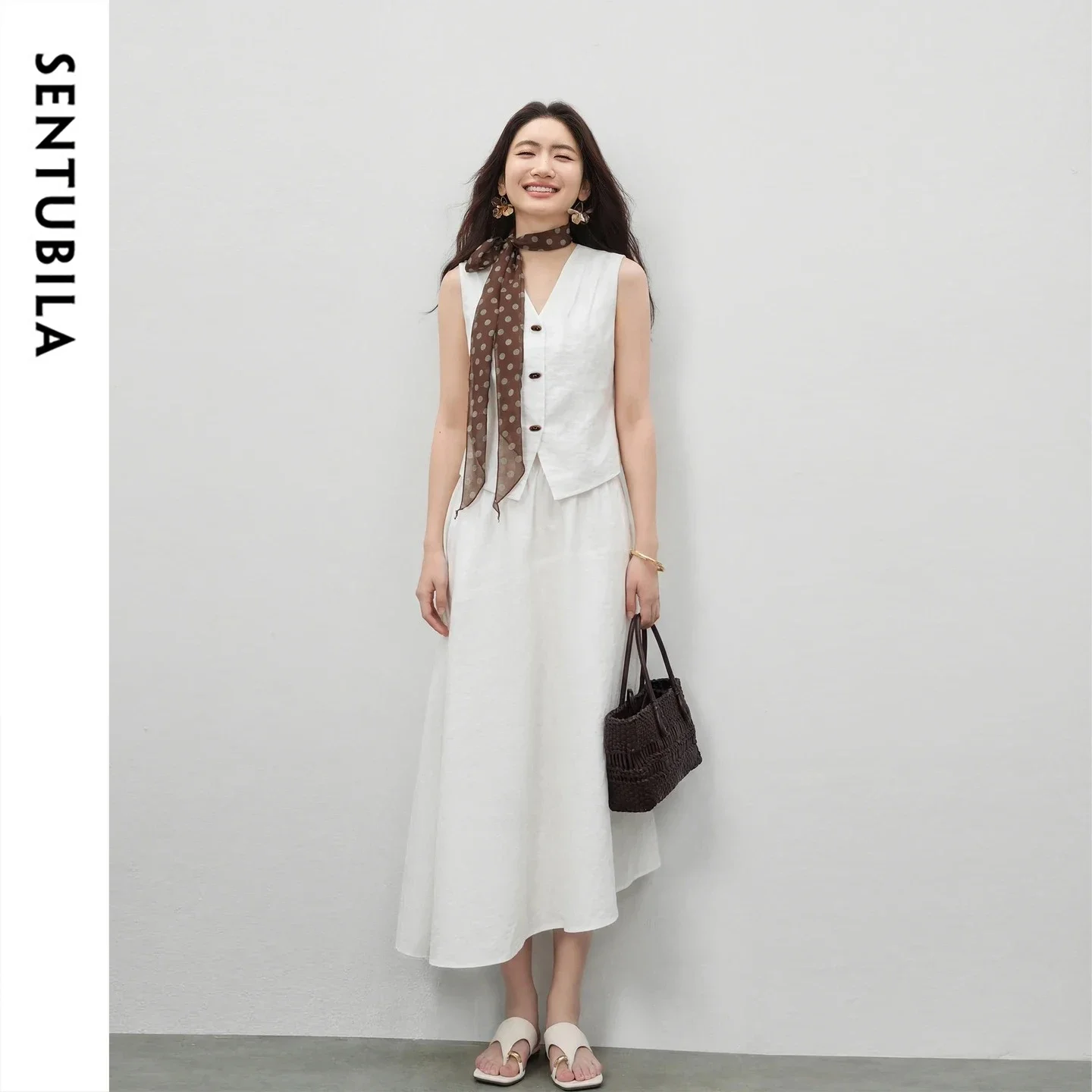SENTUBILA Women Summer White Two Piece Office Outfit 2026 Elegant Commuter Cotton Blend Cropped Vest Long Skirt Set 162ZA7017