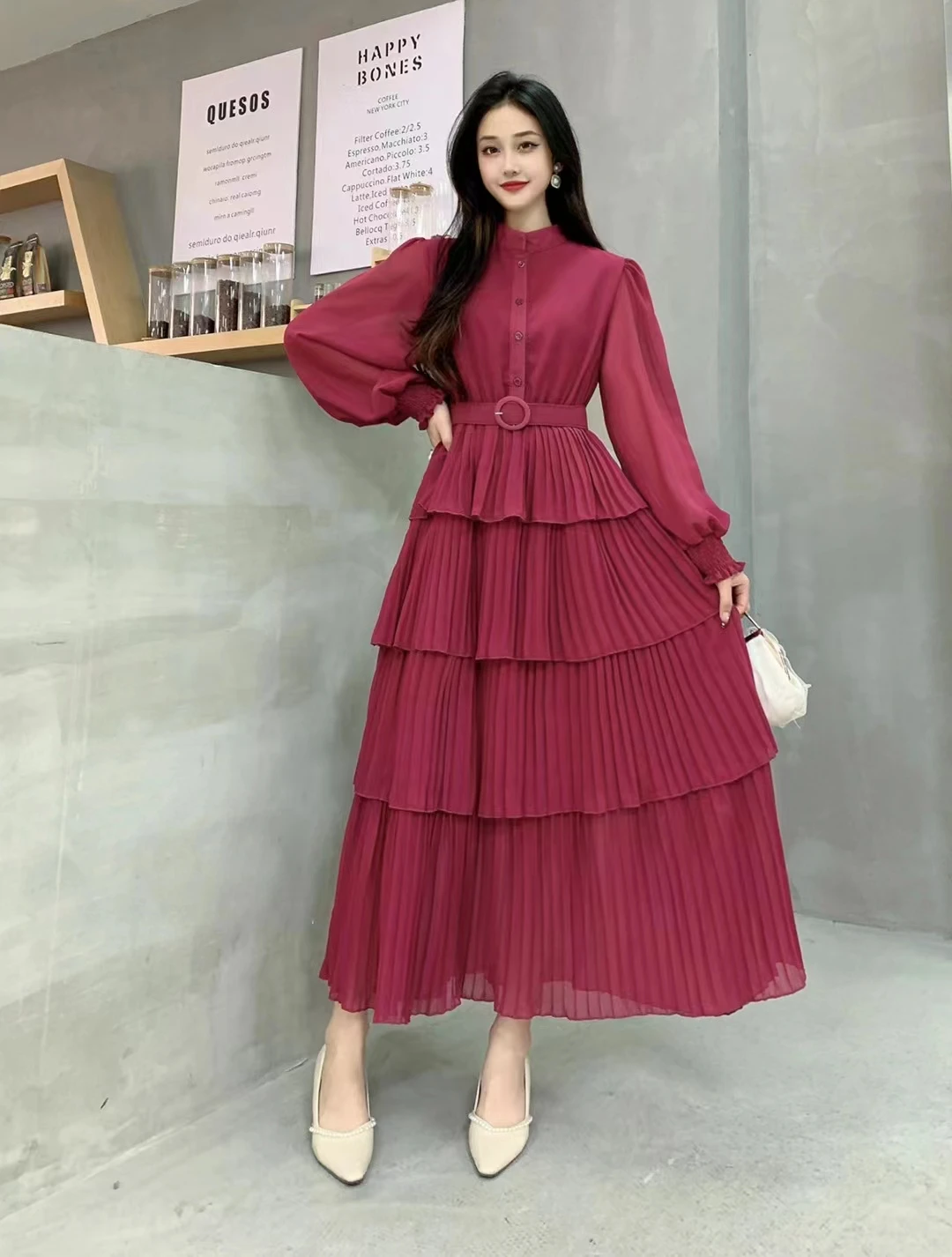 2024 New Spring Autumn Women Long Sleeve Belt Slim Long Dress High Quality Sweet Pleated Cake Hem Evening Party Dress