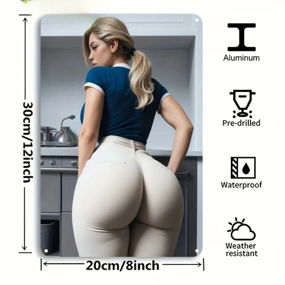 Retro Metal Kitchen Wall Art - 8x12 Inch Blonde Lady Blue Shirt Decor, Durable Aluminum Plaque for Home Cafe Restaurant