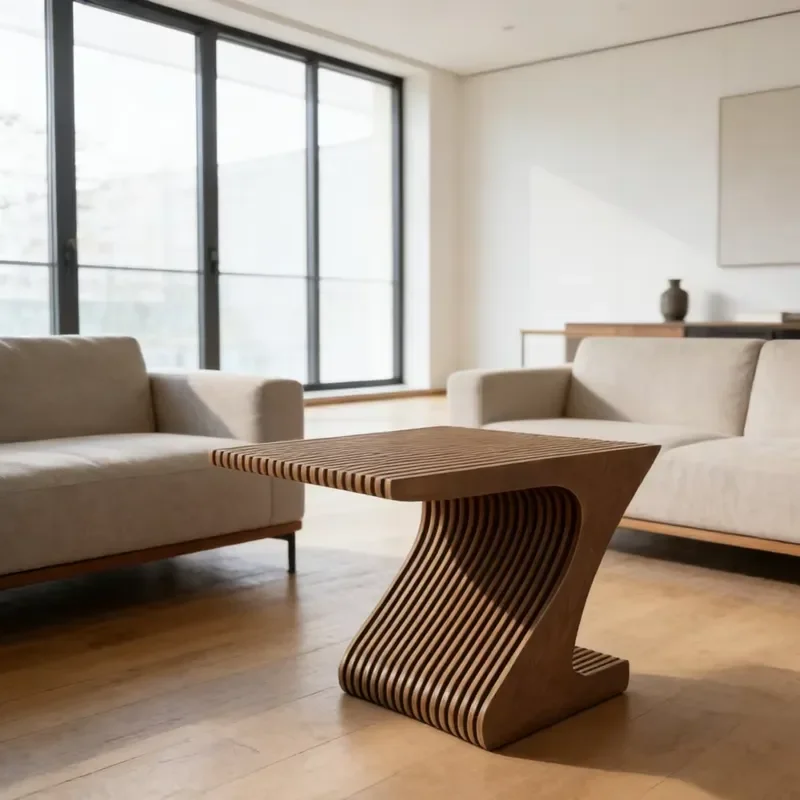 shaped wooden coffee table, organic curved structure, elegant home living room furniture