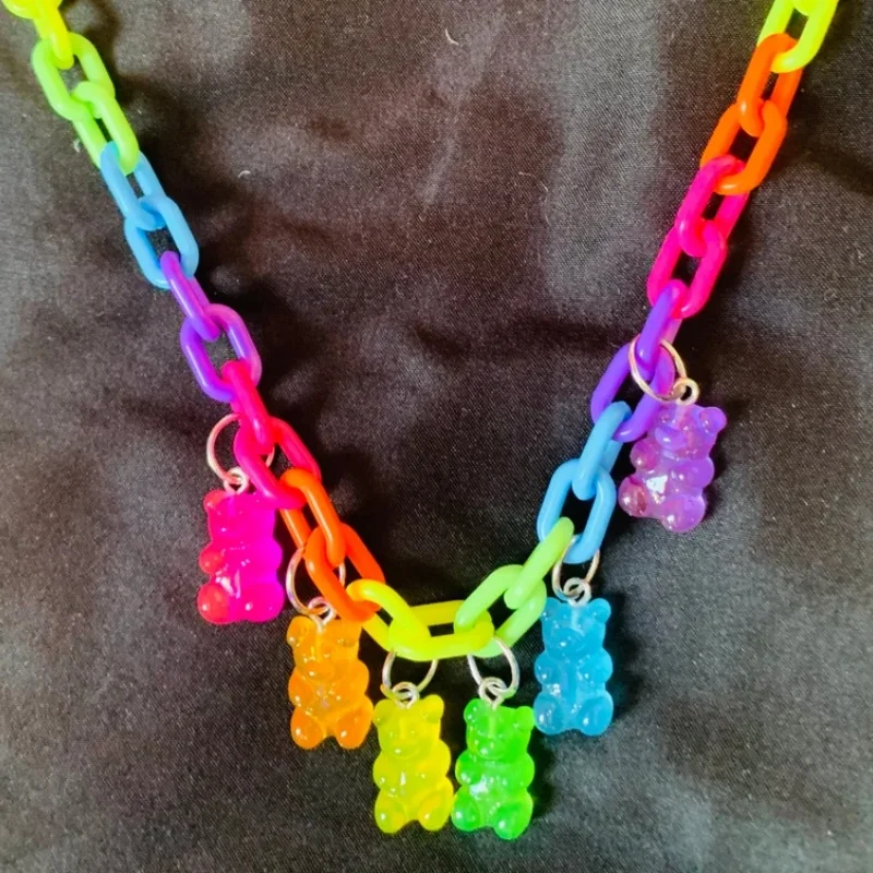 y2k Rainbow cute Bear Kandi Chain Necklace, Cute Bag/Pants Belt Charm, Dopamine Fashion Gift for Her