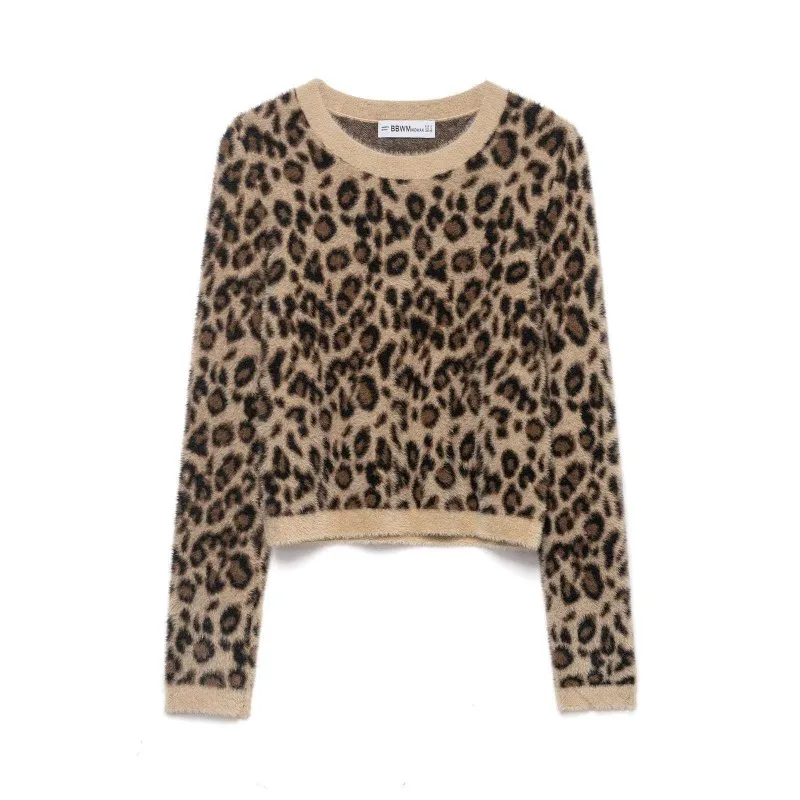 

Women's Clothing AliExpress Popular Autumn Retro Leopard Print Crew Neck Short Knitted Sweater