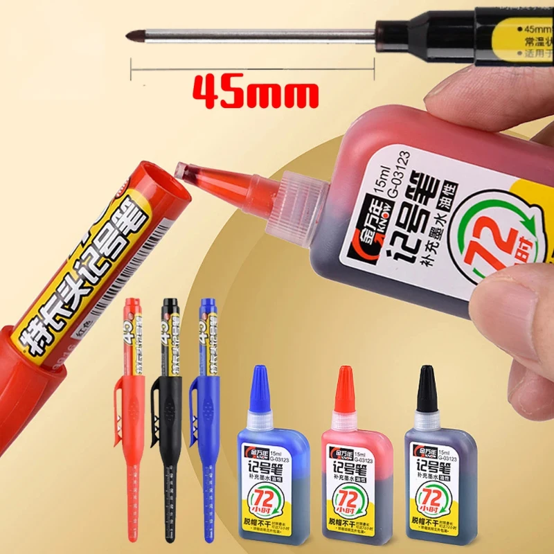 

45mm Deep Hole Marker Pens Long Nib Head Carpenter Pen Black/Blue/Red Ink Waterproof for Measuring Woodworking Hand Tools