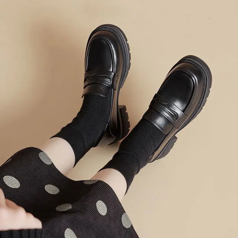 Lefu shoes women's new single shoe British style sponge cake shoes height increasing black office leather shoes