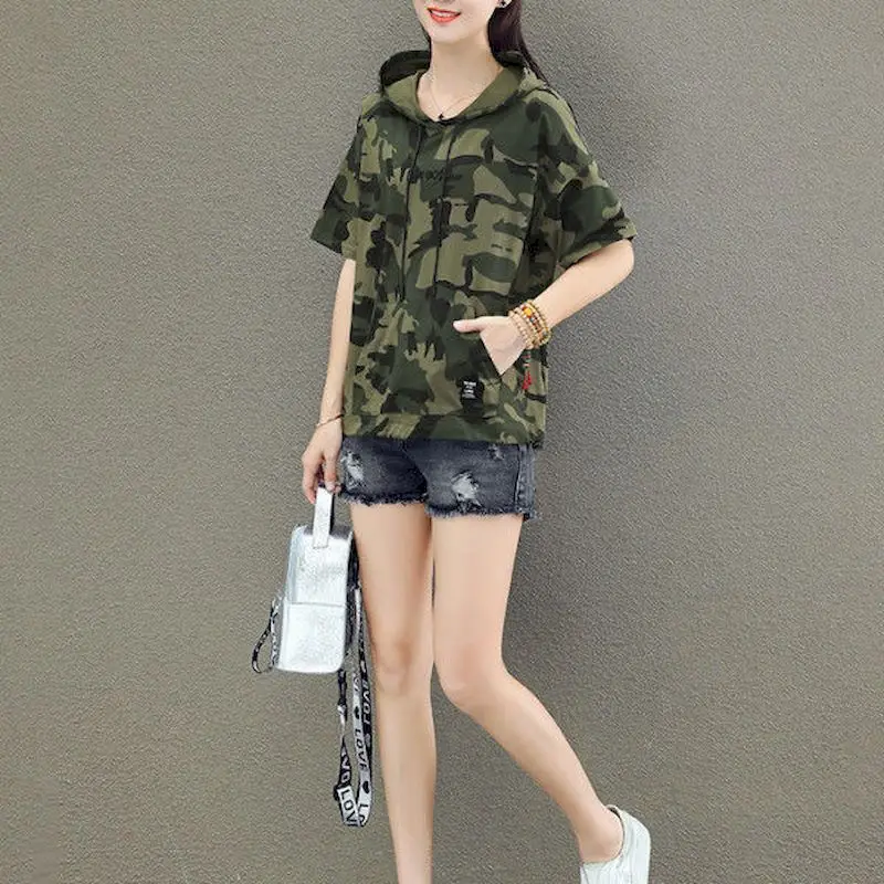 Hooded T-shirt Women Camouflage Short-sleeved Cotton T Shirt Summer Korean Style Tops Loose Thin Camouflage Uniform Student Tops