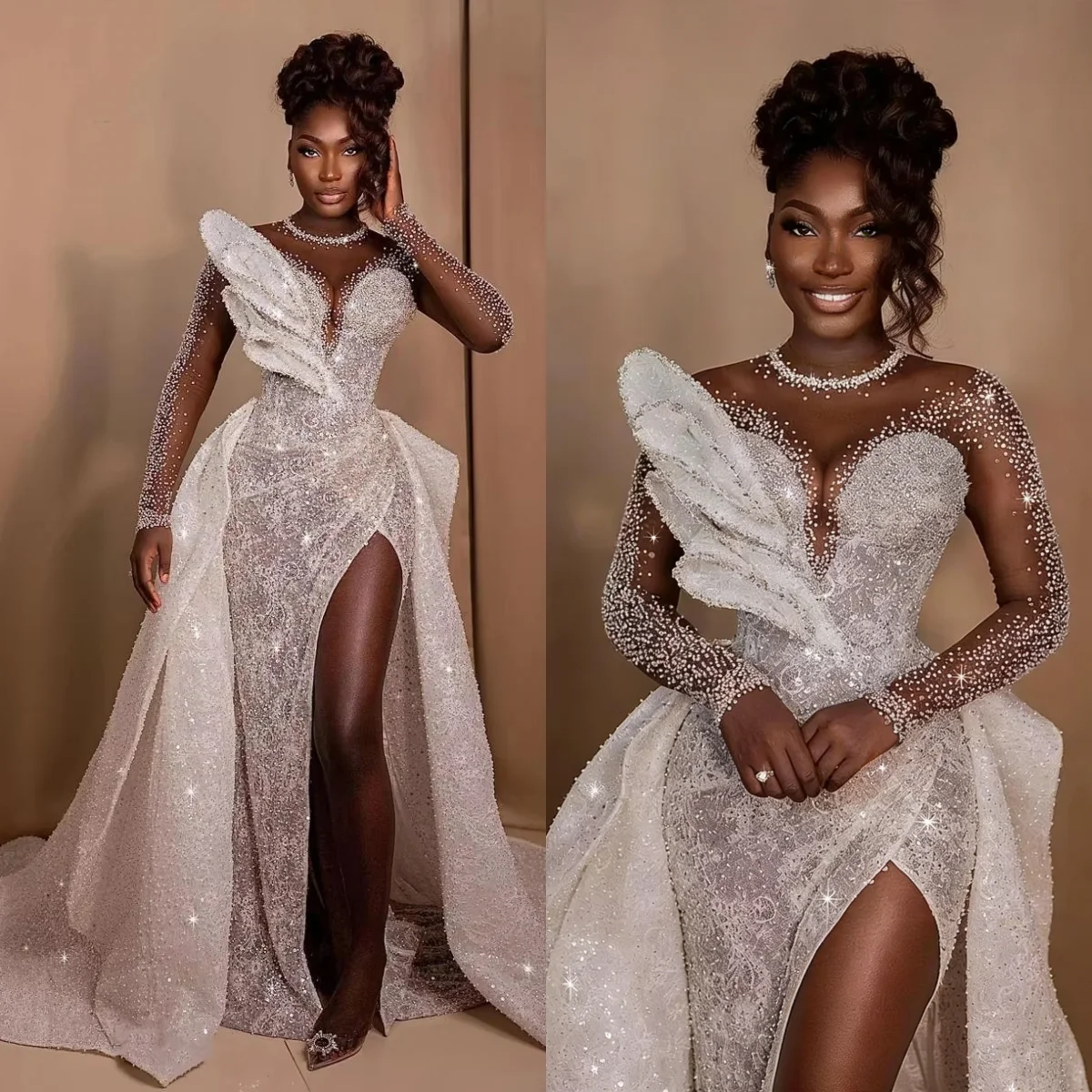 

African Luxury Sparkling Mermaid Wedding Dress Long Sleeves Tulle Bride Dress Detachable Tail Plus Size Wedding Dress Custom