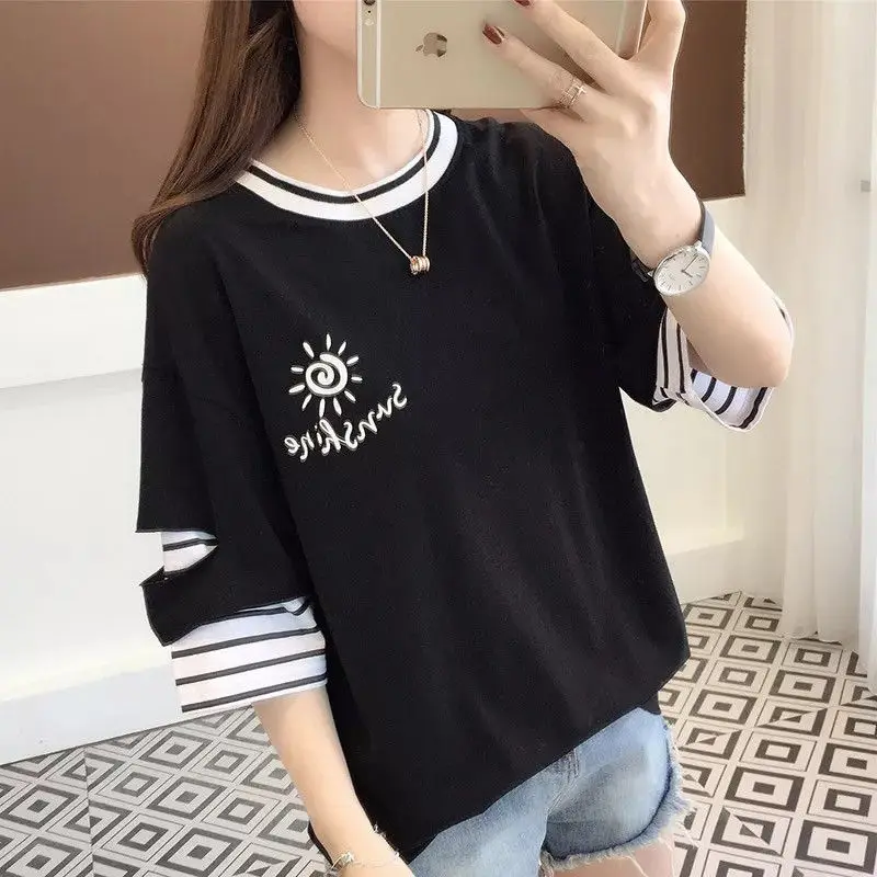 Fashion Printed Spliced Striped Fake Two Pieces T-Shirts Female Clothing 2024 Spring Summer Loose Korean Tops Casual Tee Shirt