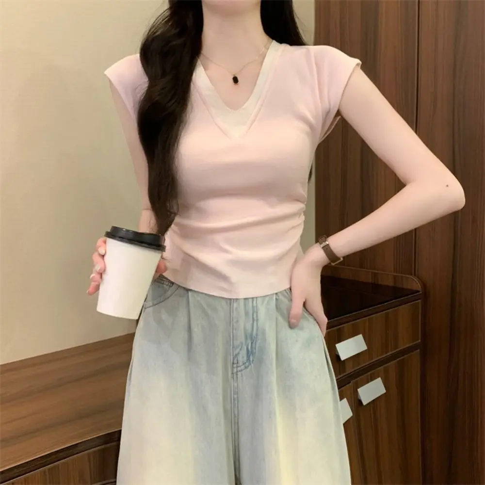 

Temperamnet Patchwork Fake Two Pieces T-shirts V-neck Short Sleeve Slim Crop Top Korean Style Sweet Girl's Top Lady Girl