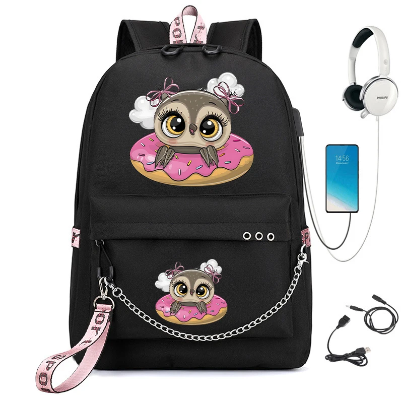 Bolsa de escola fofa donut coruja para meninas, design de anime, mochila infantil, mochila estudantil, manga desenho animado