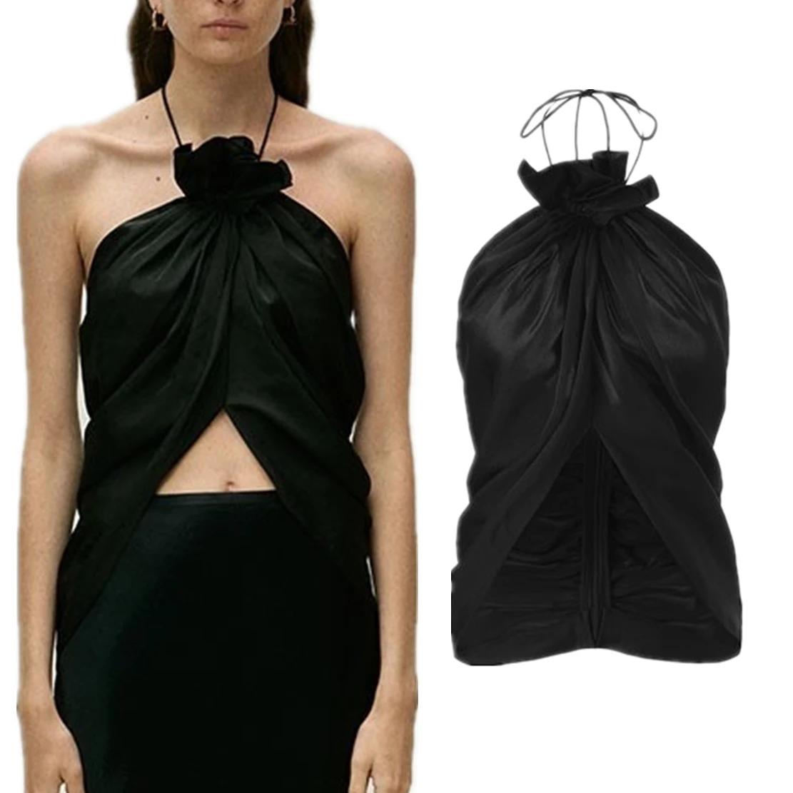 

Dave&Di Shirt Women Minimalist Sexy Halter Blouse Ladies Satin Fashion Black Top Shirt For 2024