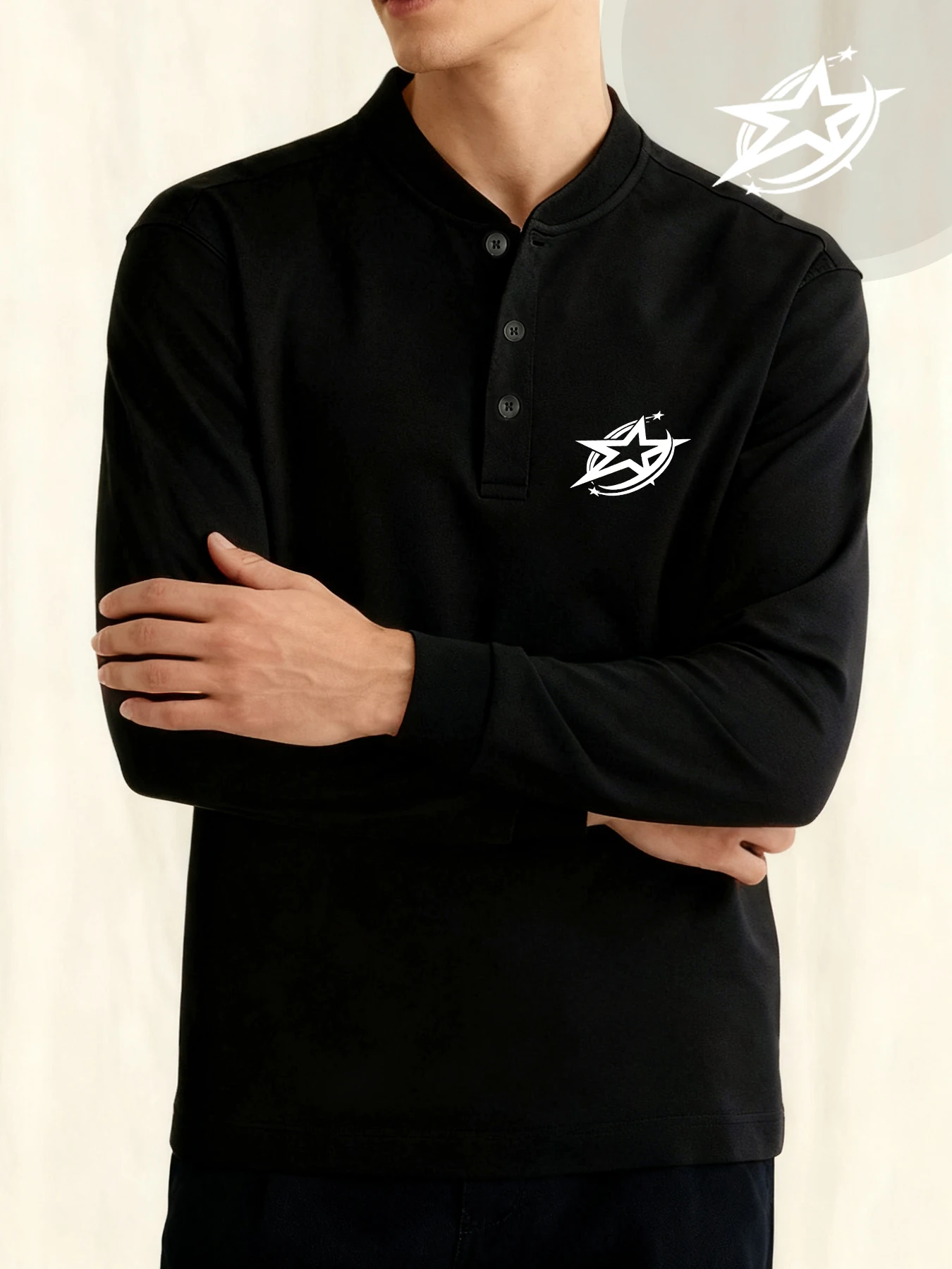 

Personalized Star Printing Male Henry Shirt Button Fashion Clothes Skin-Friendly Crew Neck Clothing Soft Casual Long Sleeve