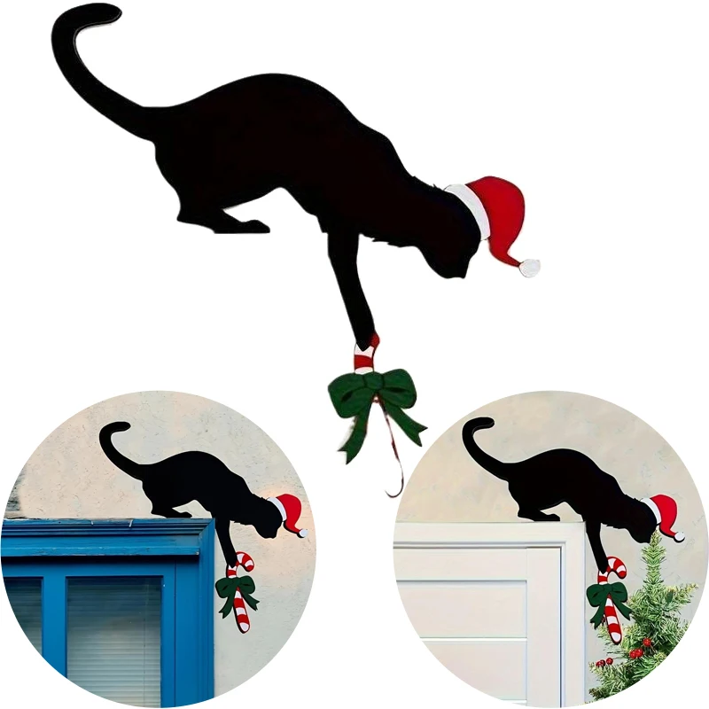 Fun Charming Cat Shaped Christmas Door Corner Sign Rustic Imitation Wood Door Ornaments Door Frame Decoration For Holiday