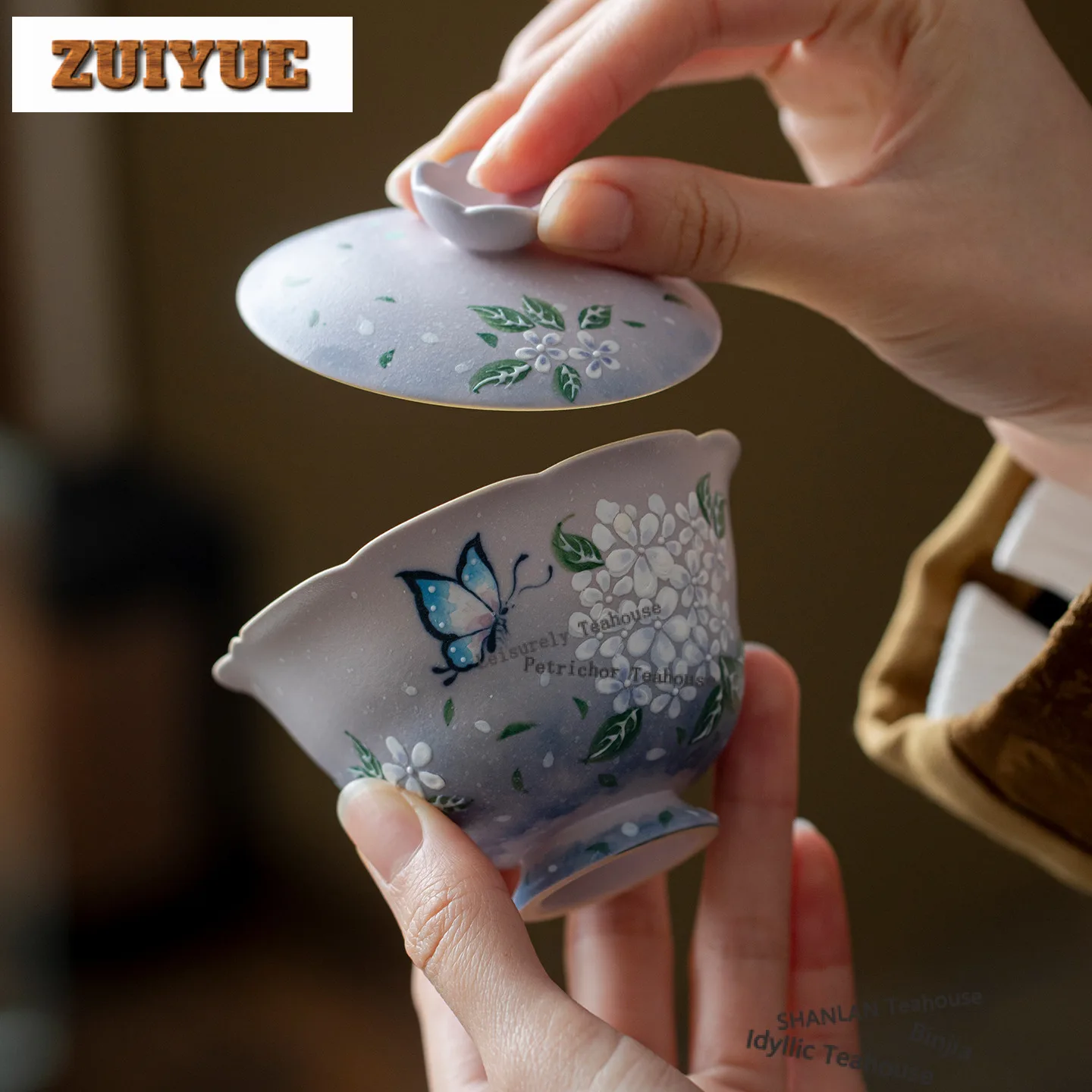 

120ml Hand-painted Hydrangea Gaiwan Handmade Tea Tureen Tea Bowl With Lid Kit Tea Brewing Cover Bowl Chinese Tea Set Decoration
