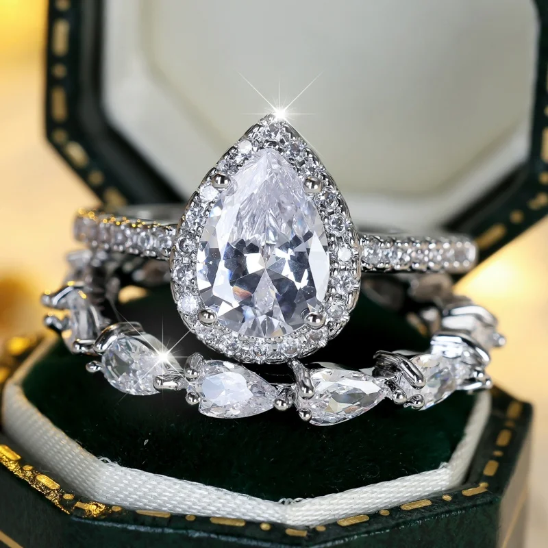 2026 New Pear Shaped Moissanite Double-layer Ring with Full Diamond Main Stone, Light Luxury High-end Jewelry and Accessories