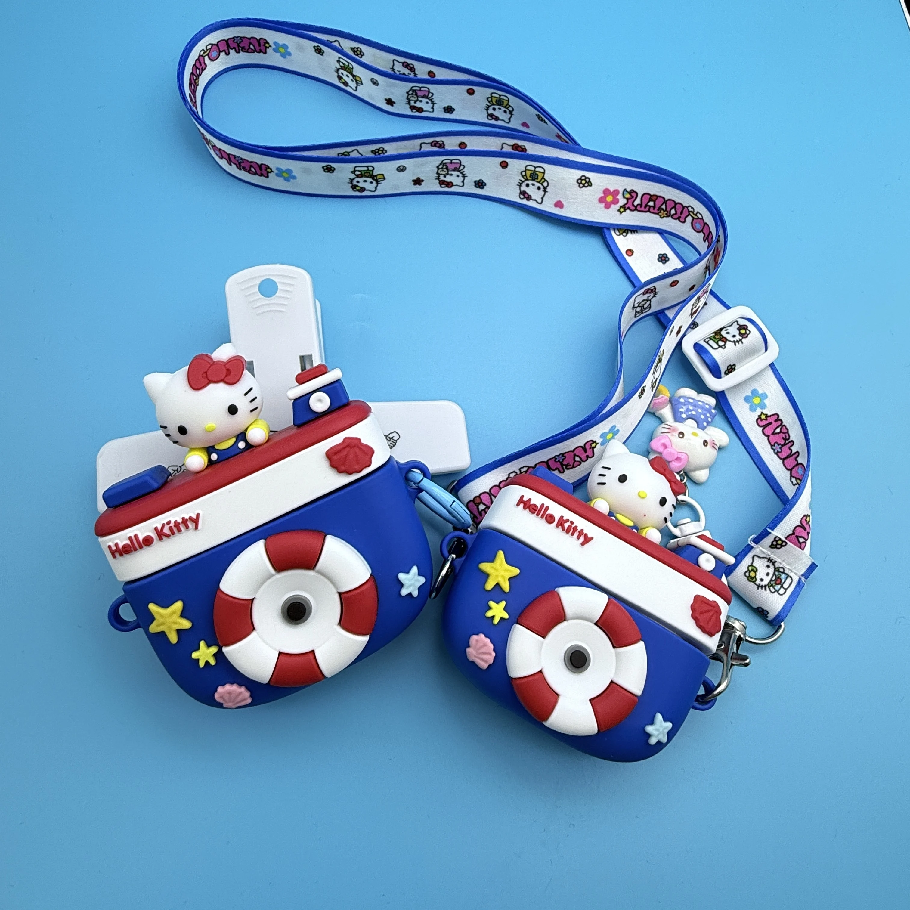 

Sea Blue Sanrio For Hello Kitty Small Fresh Stereoscopic Silicone Gel Case For Airpods 4,1,2,3,Pro,Pro 2 Anti-Drop Earphone Case