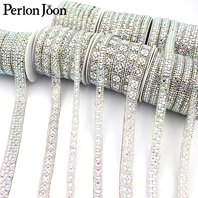 1 Yard Hot Fix AB Color Glass Rhinestone Ribbon Crystal Rhinestone Trim Tape Party Wedding Shose Decoration Accessories TR131