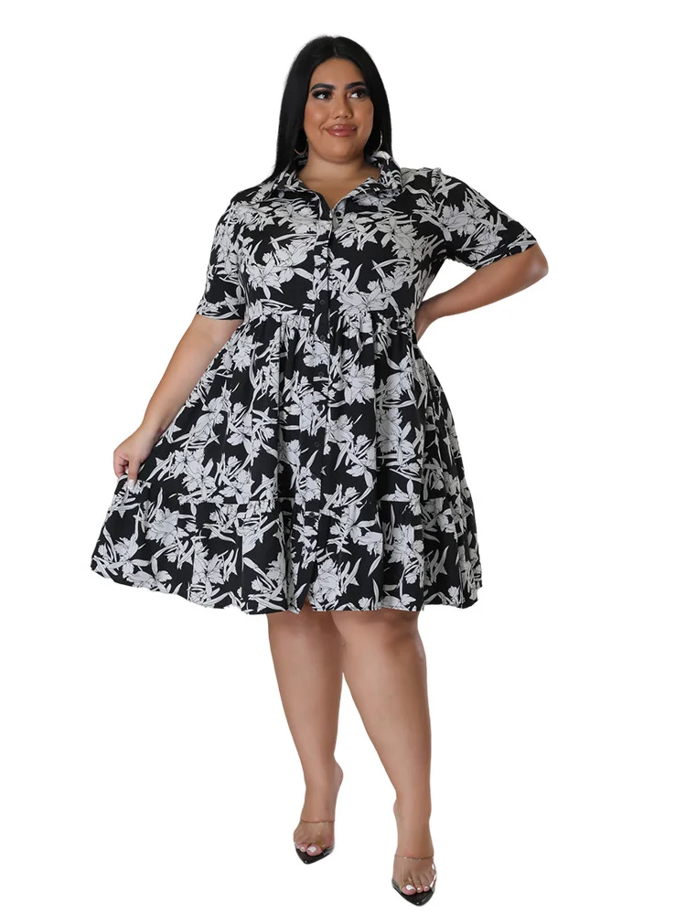 Wmstar Plus Size Dresses for Women Flower Print Big Hem Cute Elegant Birthday Midi Dress Loose Clothes Wholesale Dropshipping