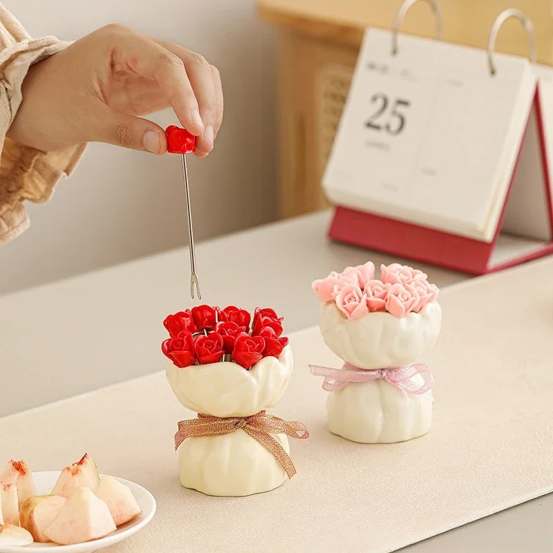 Rose Flower Ceramic Jar Rose Fruit Forks Cute Fruit Pick Holder Set for Party Wedding Home Decor Valentine's Day Gift