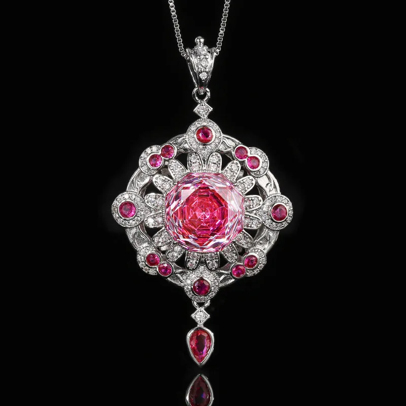 

Vintage Pink Red Gemstone Necklace with 14mm Square Cut Center Art Deco Inspired Jewelry for Women Sparkling Cubic Zirconia Gift