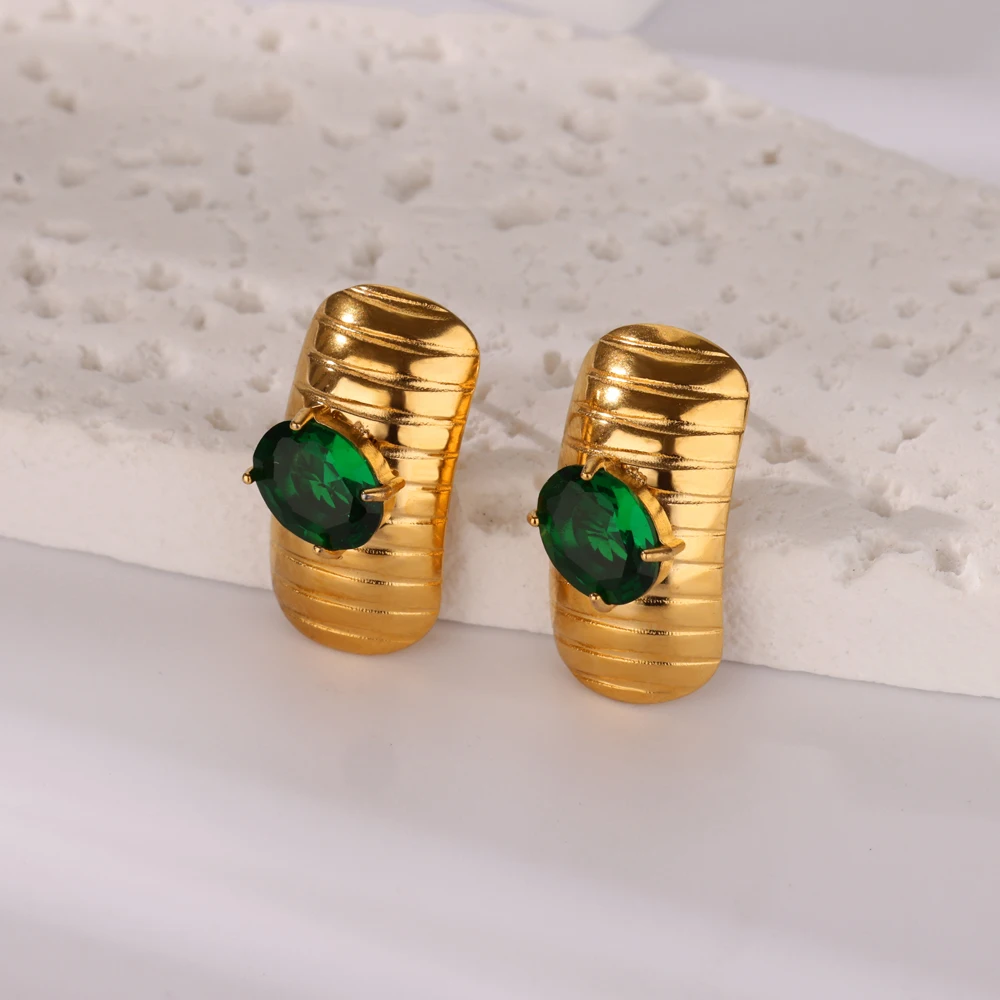 

Green Zircon Rectangle Stud Earrings For Women Gold Color Stainless Steel Earring Christmas Wedding Waterproof Jewelry Gift