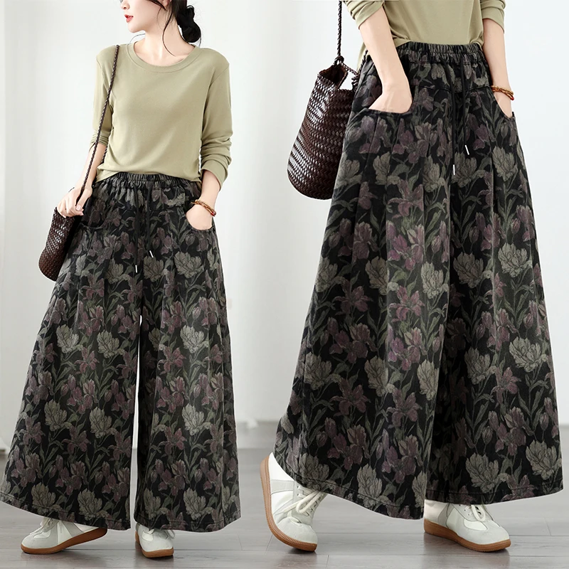 plus Size Denim Wide Leg Pants New Print Elastic Casual Versatile Straight Cut High Waist Long Black Jeans Cotton Polyester B...