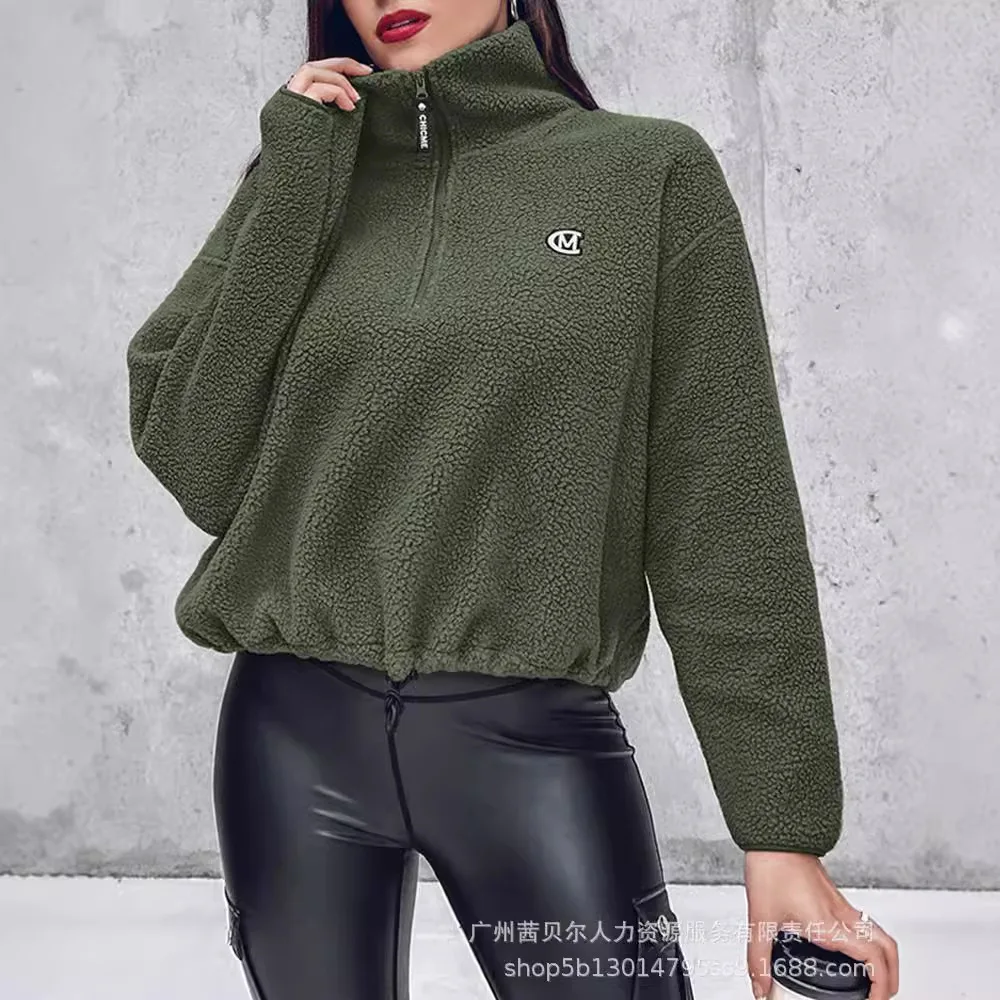 Mandylandy Lamb Wool Fleece Sweatshirts Coats Women Stand-up Collar Casual Long-sleeved Sweater Pullovers Casual Sweatshirts