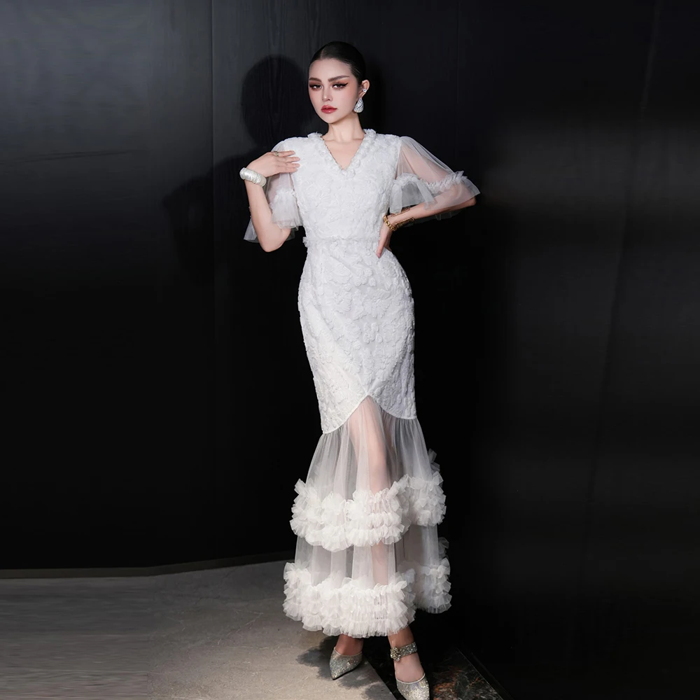 

Meyyithun Women's Dress Customized Mesh Flower V-neck Short Sleeved Patchwork Multi-layer Pleated Dress Slim fishtail banquet
