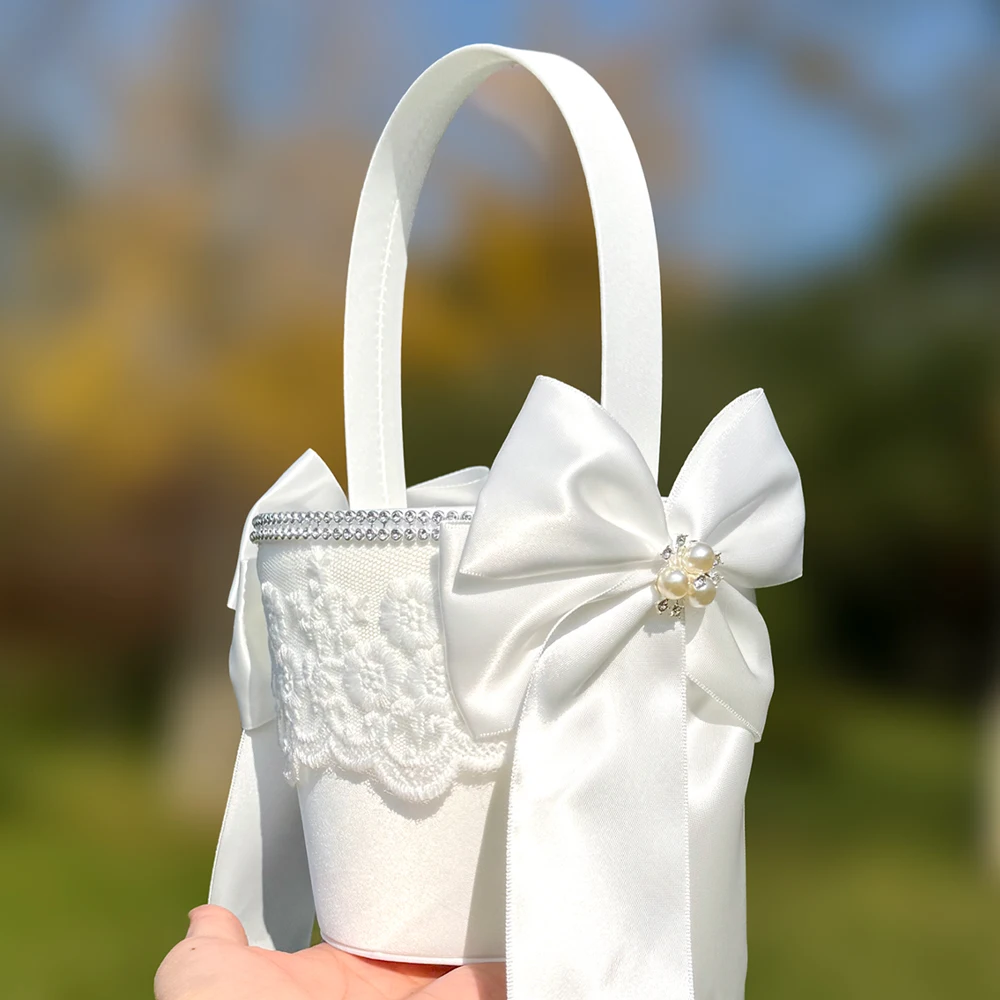 Large Bow Flower Girl Basket & Ring Pillow Flower Embroidery Wedding Gifts Tray Decorations Rustic Country Decor Ring Display