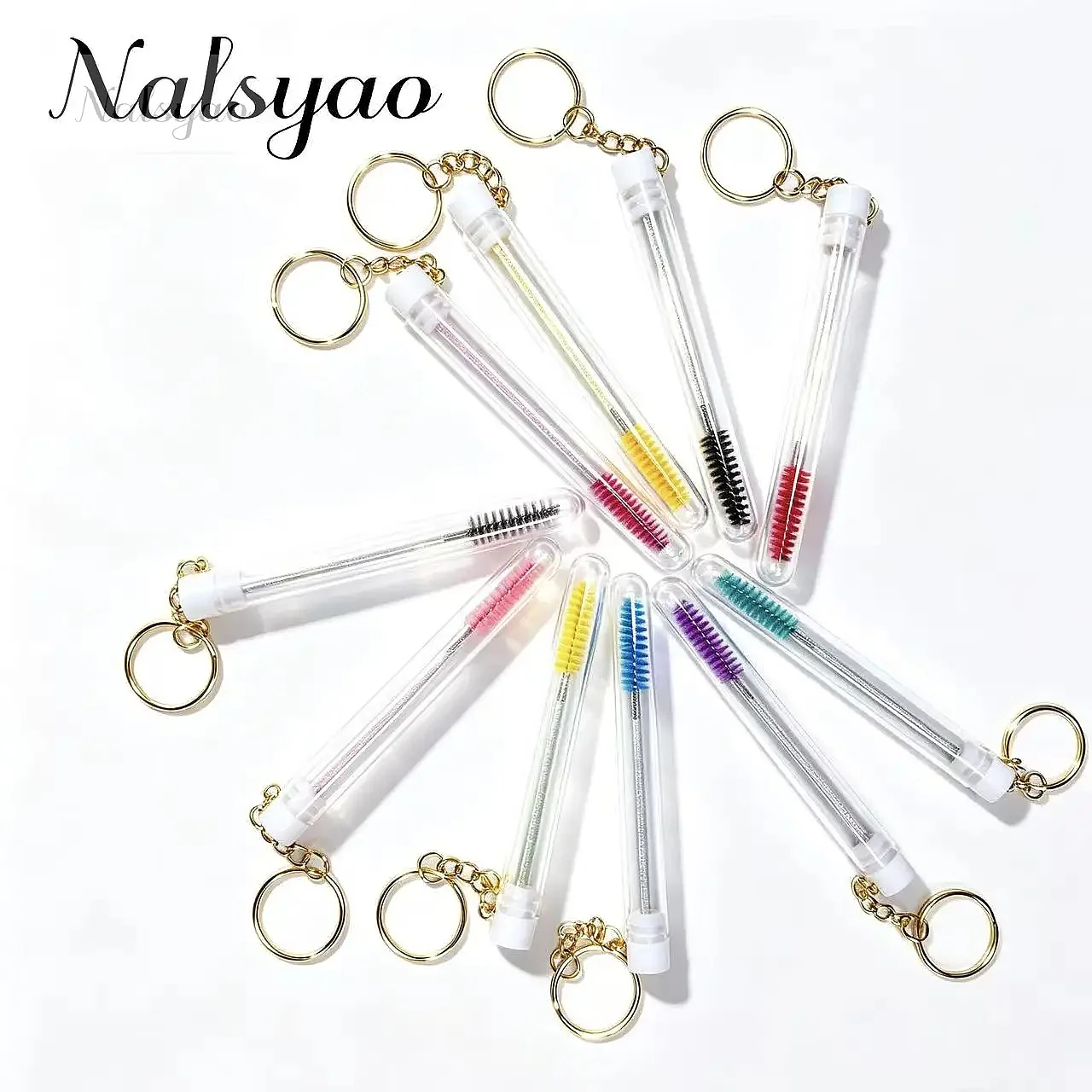 10/20Pcs Glitter Mascara Wand Keychain Lash Extension Clear Micro Comb Container Eyelash Brush Tube with Gold