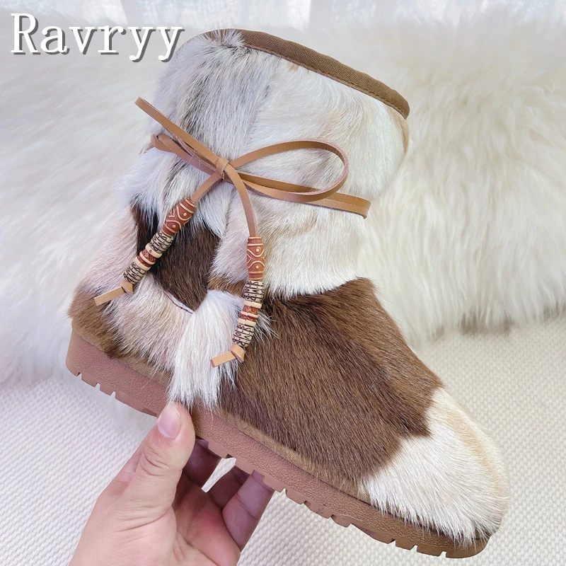 Winter New Fur Integrated Snow Boots Color Matching Beaded Straps Plat Bottom Ethnic Style Fur Women\'s Warm Shoes Footwear