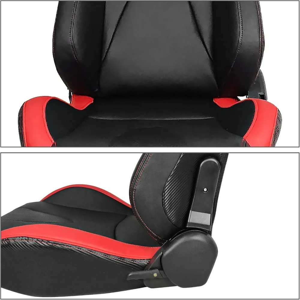 ، مقاعد سباق عالمية مع منزلقات مزدوجة، من جلد البولي يوريثان والكربون، شريط أحمر قابل للاستلقاء على الجانب الأيسر للسائق #4