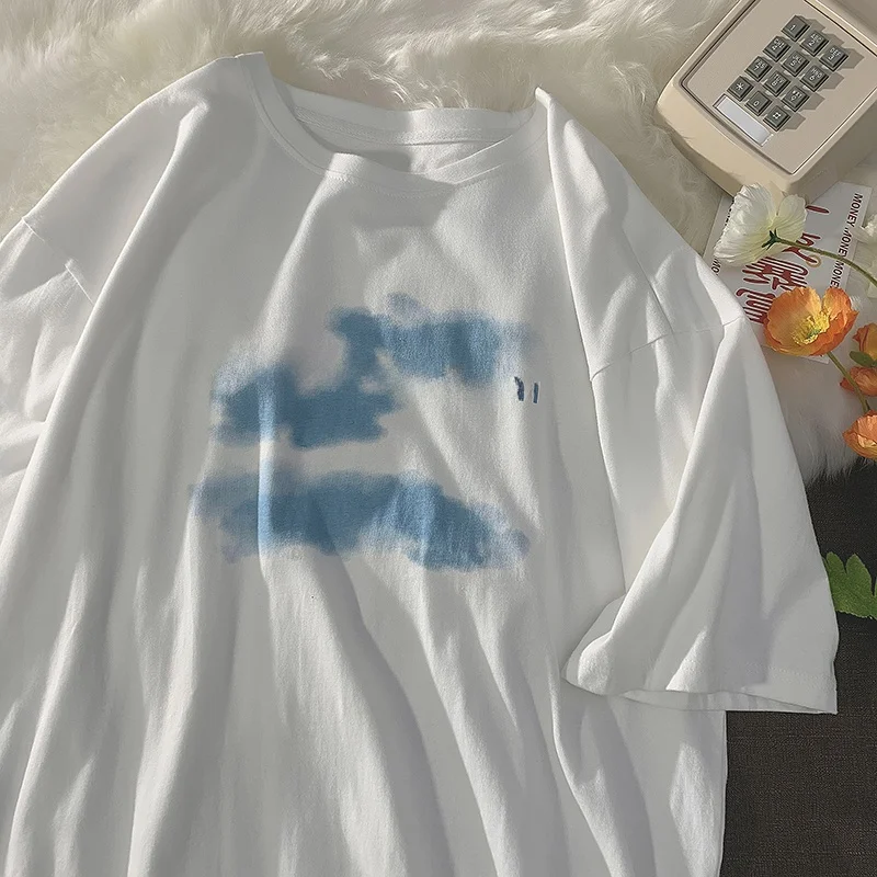 ブラック アメリカン ストリート スタイル レディース Tシャツ ルーズ 夏 五分袖 トップス ファッショナブルな多用途 カップルの着用 コットン ラウンドネック プリント