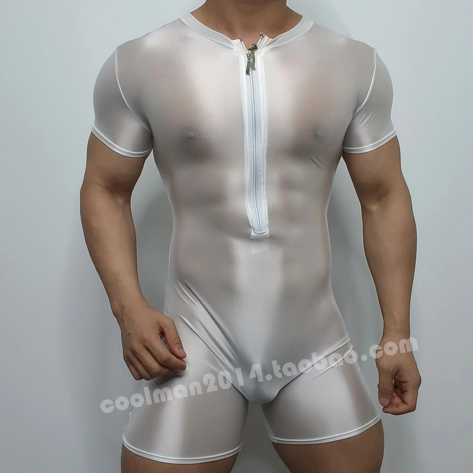 Mens Glossy See Through Zipper Satin Sexy Bodycon Playsuit Romper Short Sleeve Swimwear Suit Outfit Streetwear Jumpsuit