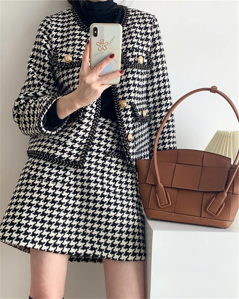 

Women Tweed Set Fall Winter Houndstooth Wool Coat + Skirt Especially Women Luxury Tweed 2 Piece Set Elegant Cropped Top Korean