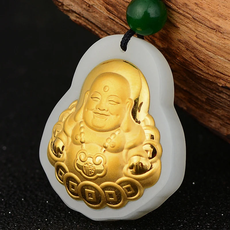 

Real Hetian Jade Pendant For Women 4D Hard Gold Coin Big Belly Buddha Bless Gold Foil Pendants