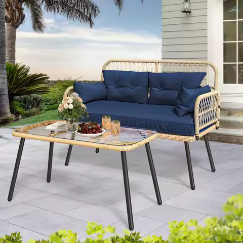 Patio Furniture Wicker Outdoor Loveseat, All-Weather Rattan Conversation for Backyard, Balcony and Deck with Soft Cushions