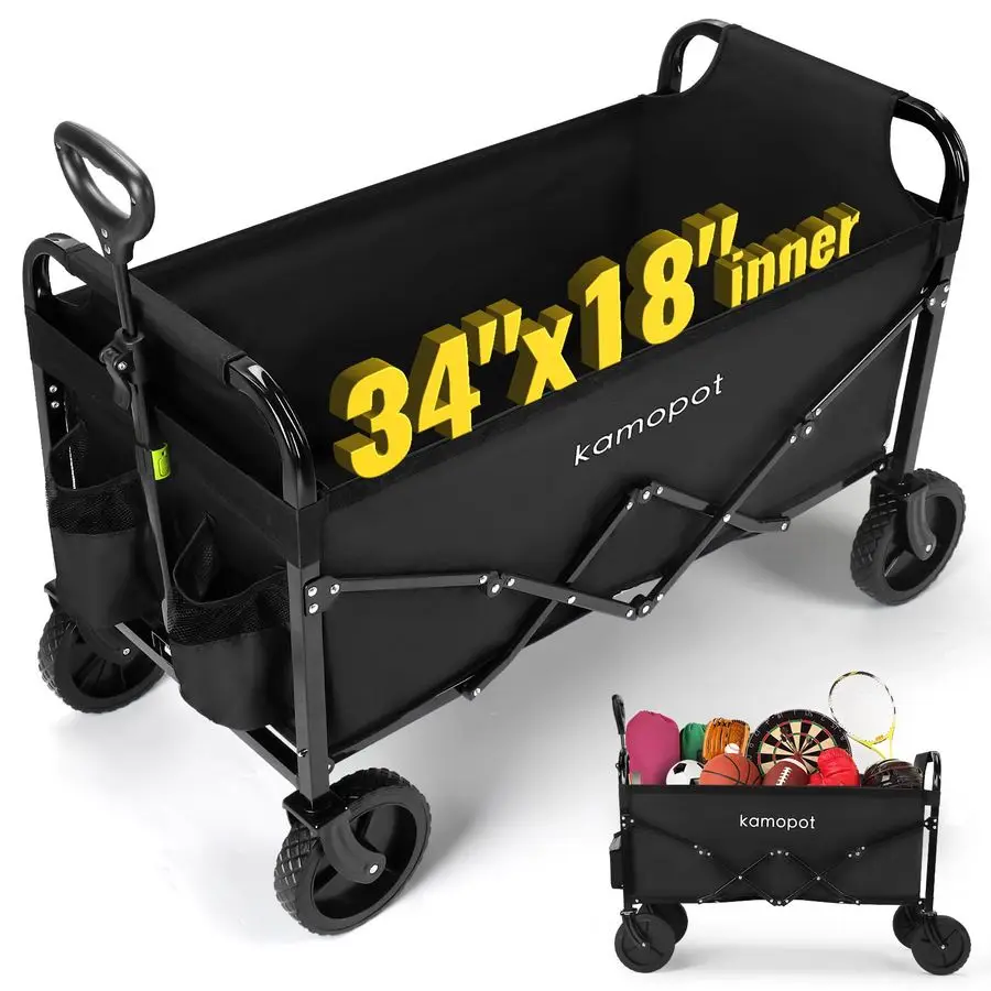 

Collapsible Wagon Foldable for Grocery, Beach, Park, Yard, 34 x 18 Inner Storage. 300lb Heavy Duty Folding Utility Cart on Wheel
