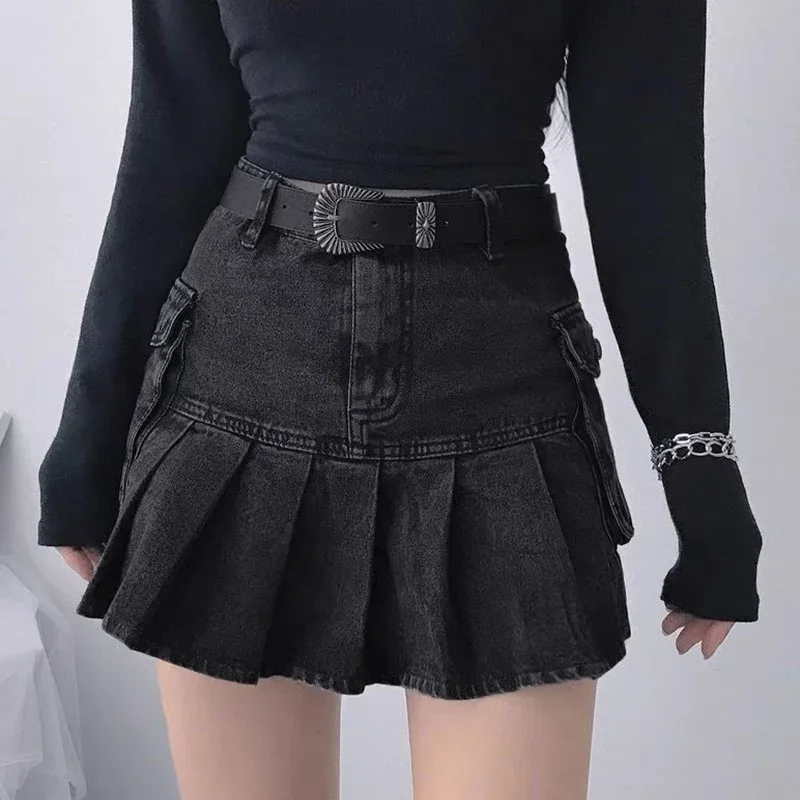 HOUZHOU Gothic Denim Skirt Women Vintage Streetwear High Waist A-line Pockets Black Jeans Pleated Skirt Spring Summer Fashion